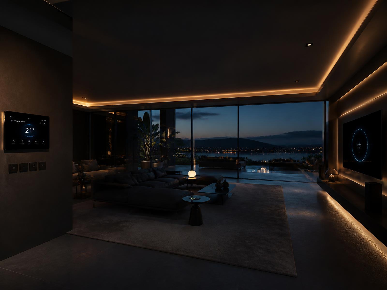 Sala de estar de casa contemporânea de alto padrão com iluminação e climatização automatizadas